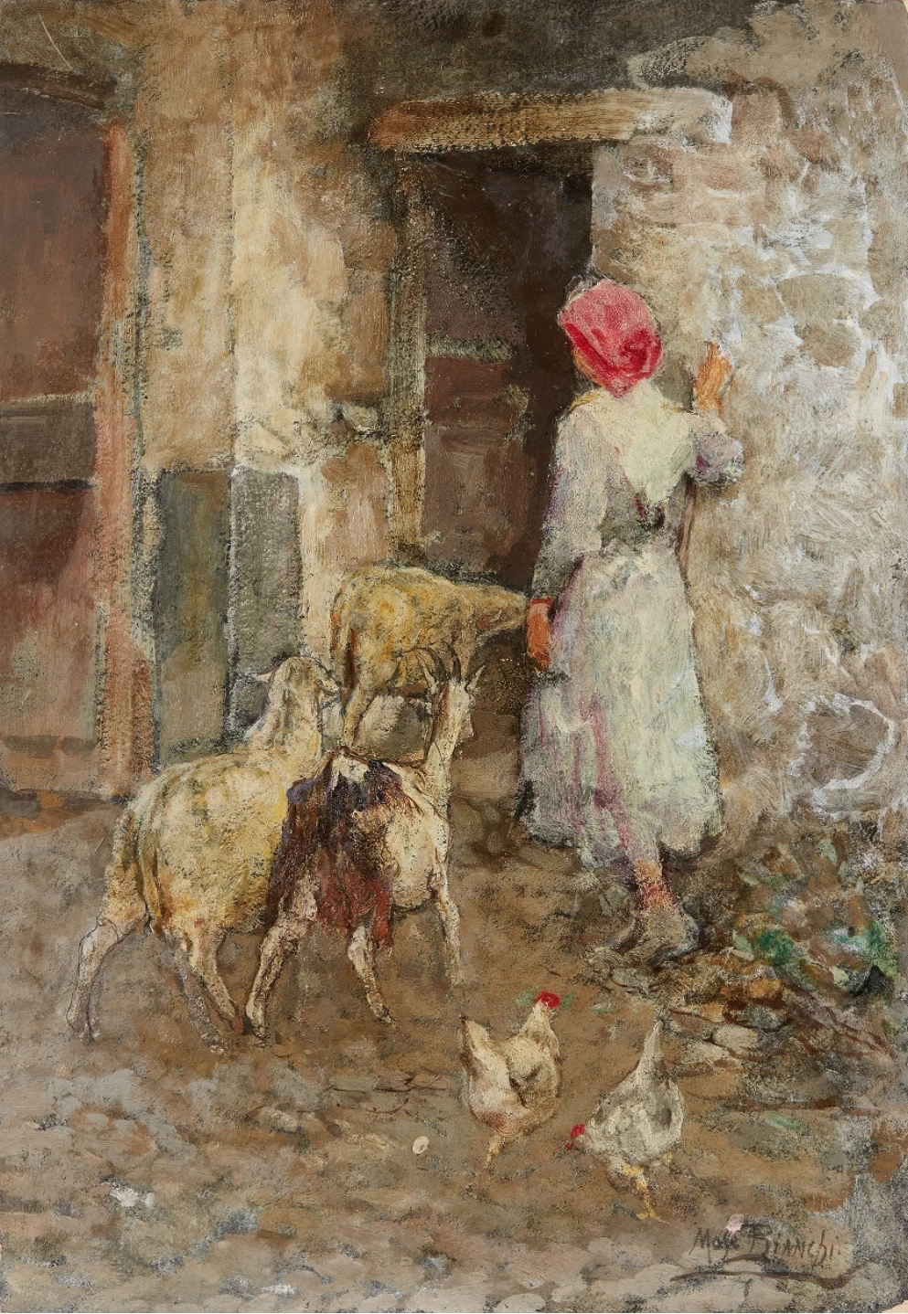 Pastorella che finisce di far rientrare il gregge